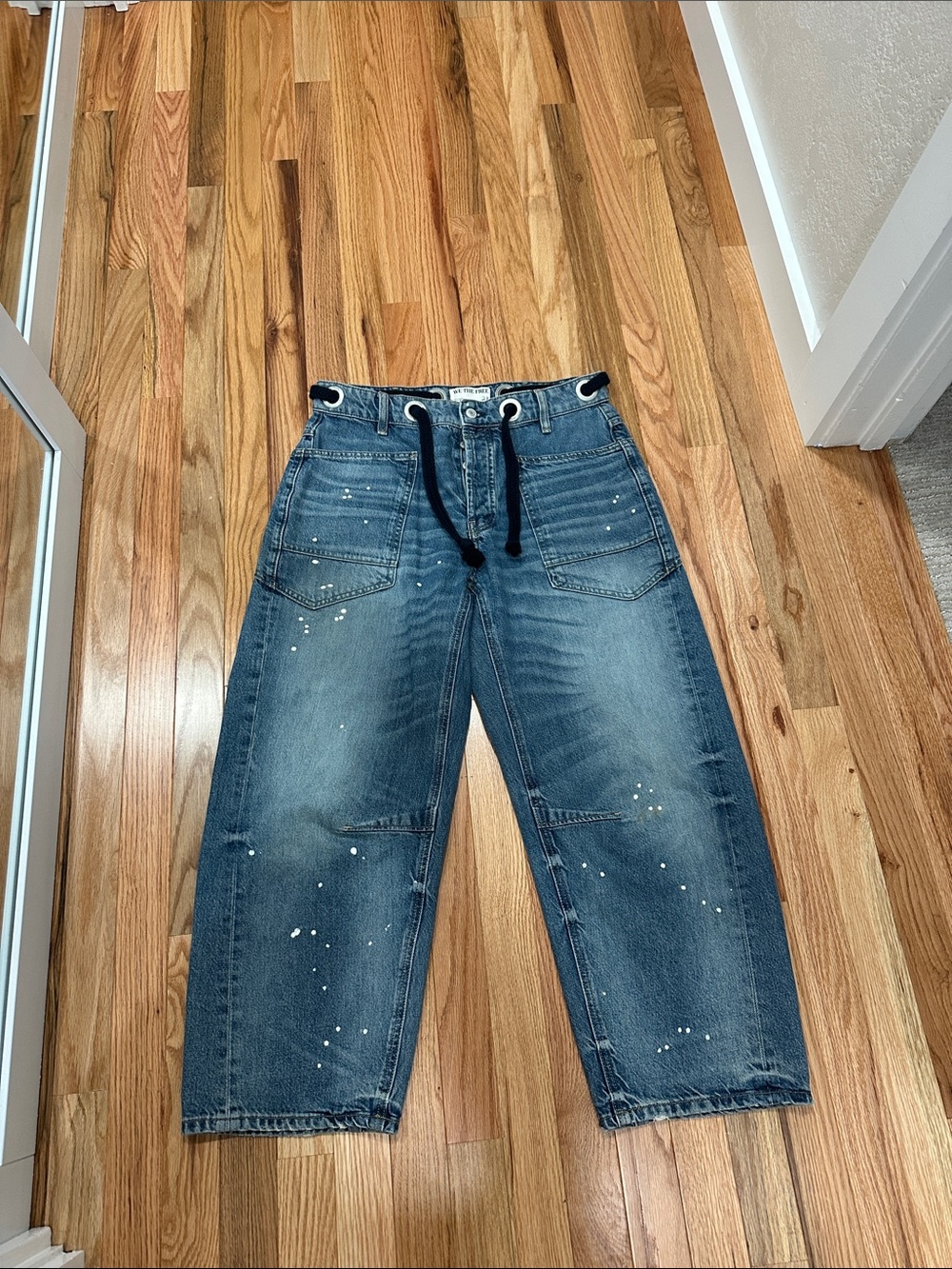 We The Free Blue Wide-Leg Drawstring Jeans with Paint Splatter